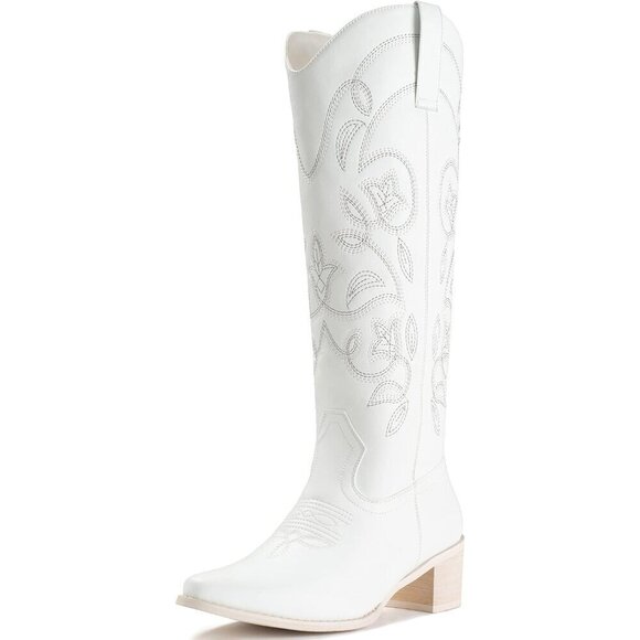 Shoes - Women's White Pointy Toe Faux Leather Western Cowgirl Mid Calf Boots